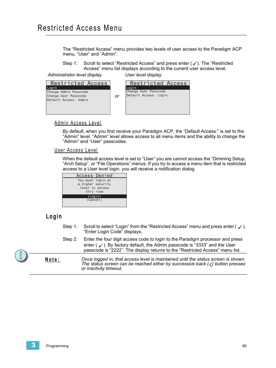 Restricted access menu, Admin access level, User access level | Login, N o t e, Restricted access | ETC Unison Paradigm ACP Configuration Manual v2.1.2 User Manual | Page 71 / 100