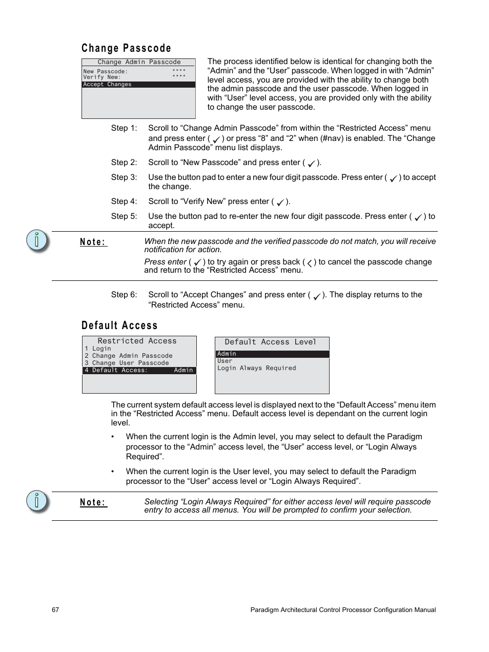 Change passcode, Default access, Change passcode default access | N o t e | ETC Unison Paradigm ACP Configuration Manual v2.1.2 User Manual | Page 72 / 100
