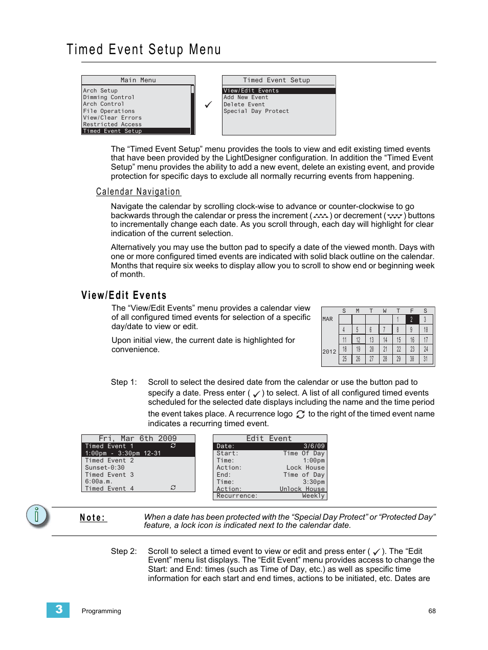 Timed event setup menu, Calendar navigation, View/edit events | N o t e | ETC Unison Paradigm ACP Configuration Manual v2.1.2 User Manual | Page 73 / 100