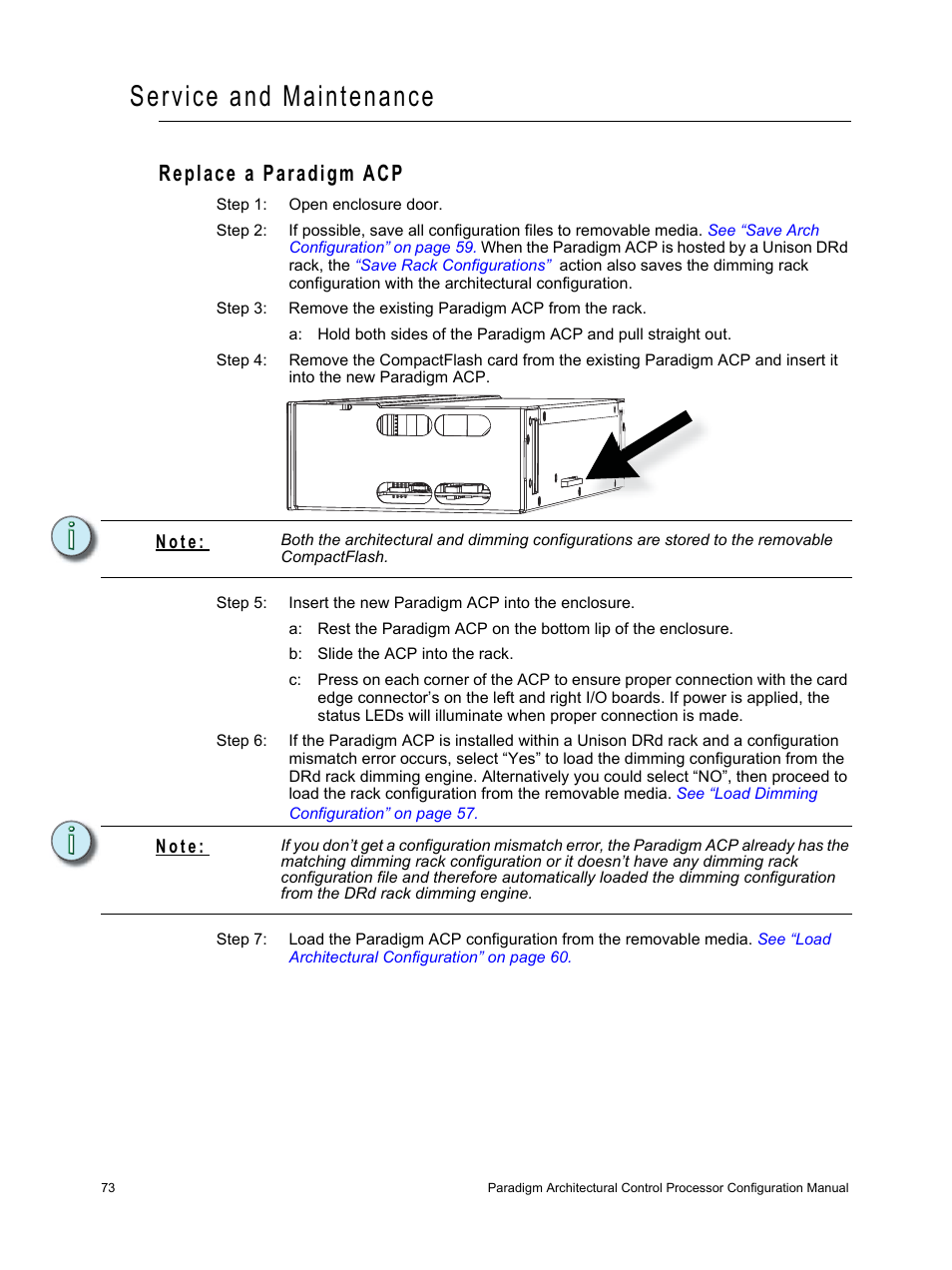 Service and maintenance, Replace a paradigm acp, N o t e | ETC Unison Paradigm ACP Configuration Manual v2.1.2 User Manual | Page 78 / 100