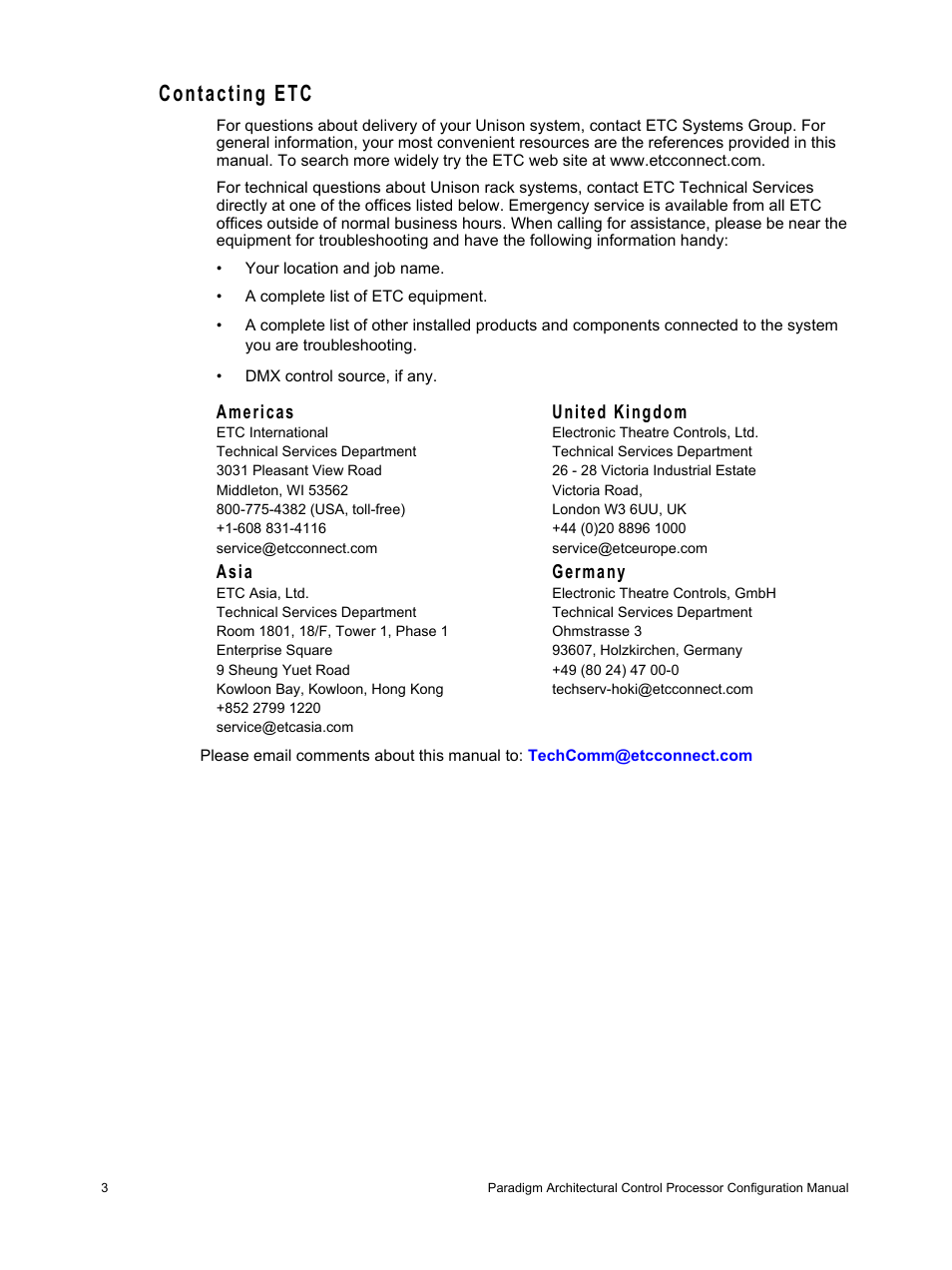 Contacting etc, Americas, United kingdom | Asia, Germany | ETC Unison Paradigm ACP Configuration Manual v2.1.2 User Manual | Page 8 / 100