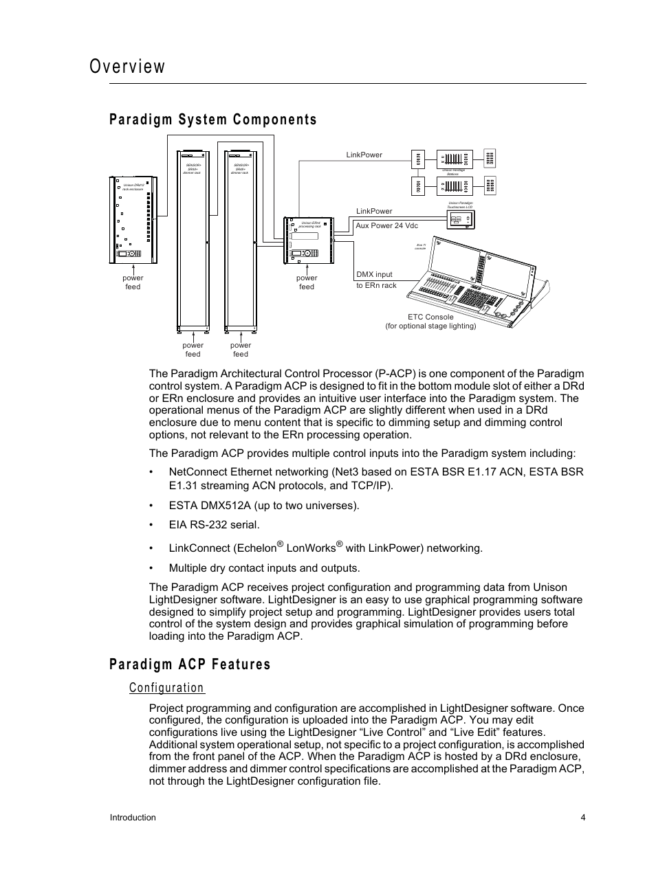 Overview, Paradigm system components, Paradigm acp features | Configuration, Paradigm system components paradigm acp features | ETC Unison Paradigm ACP Configuration Manual v2.1.2 User Manual | Page 9 / 100