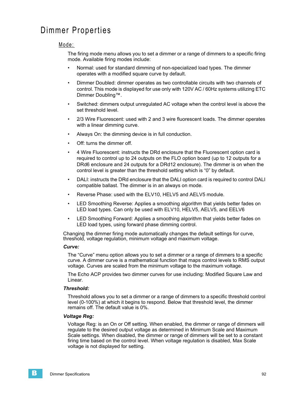 Dimmer properties, Mode, Curve | Threshold, Voltage reg | ETC Unison Paradigm ACP Configuration Manual v2.1.2 User Manual | Page 97 / 100