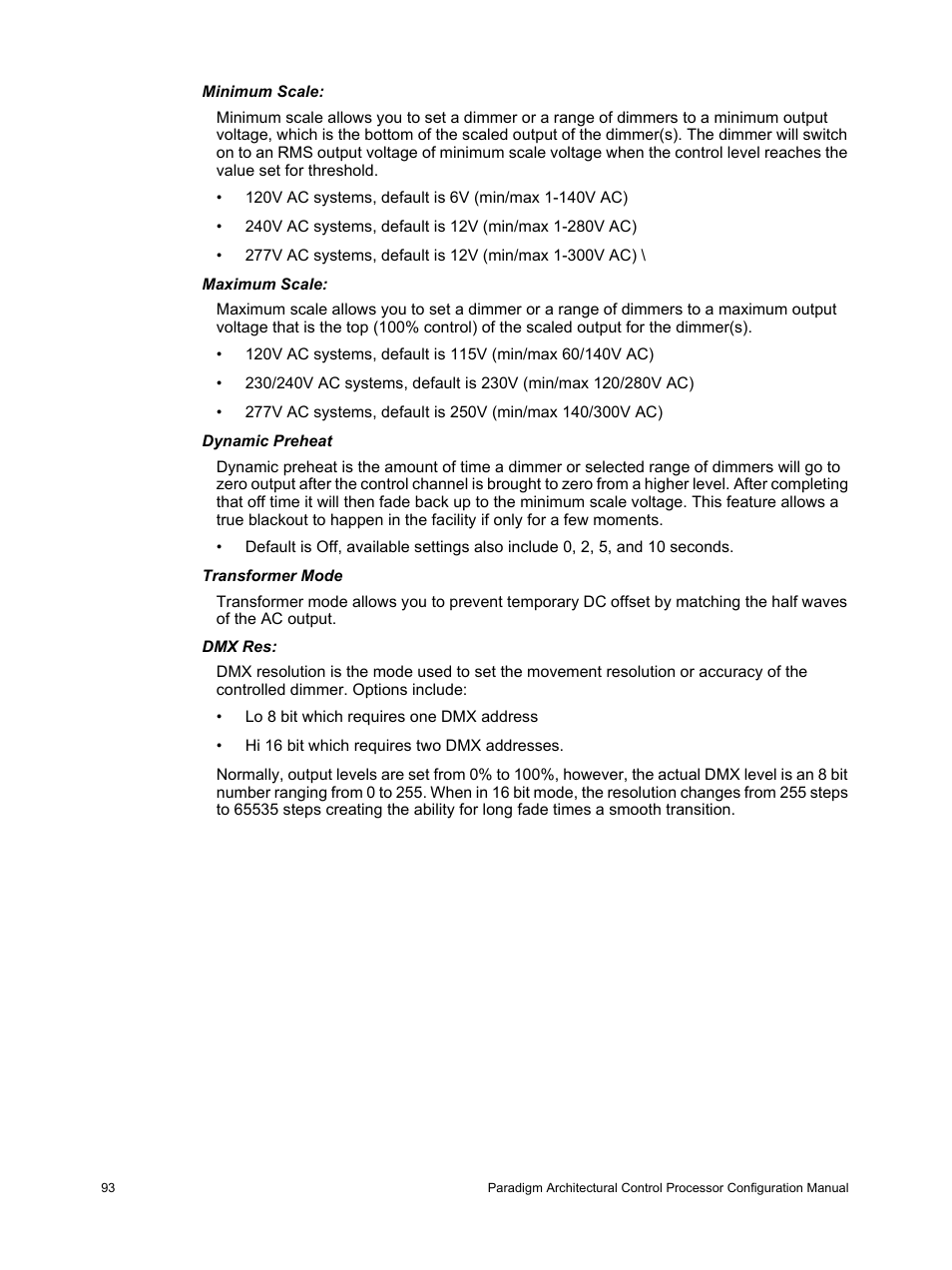 Minimum scale, Maximum scale, Dynamic preheat | Transformer mode, Dmx res | ETC Unison Paradigm ACP Configuration Manual v2.1.2 User Manual | Page 98 / 100