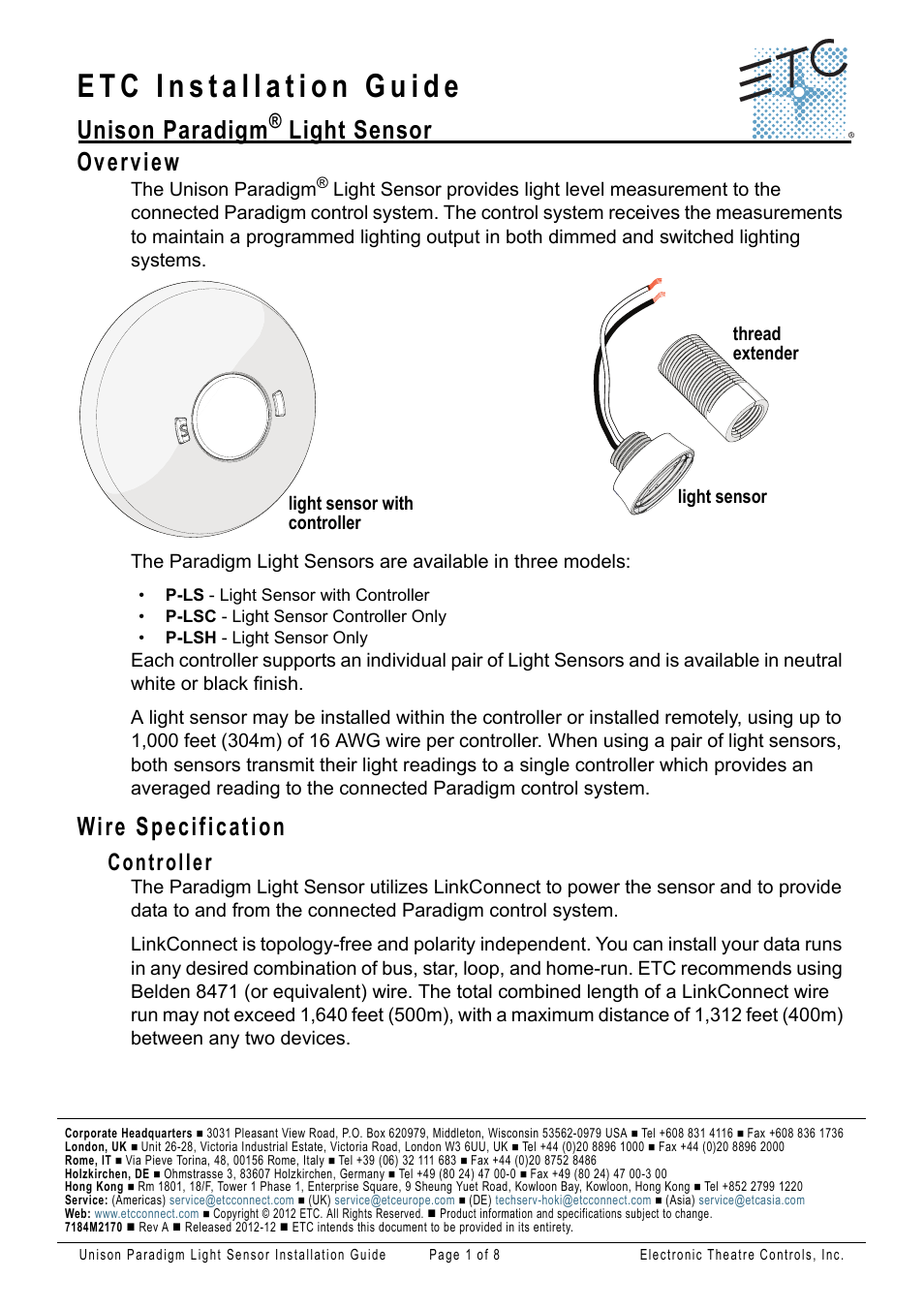 ETC Unison Paradigm Light Sensor User Manual | 8 pages