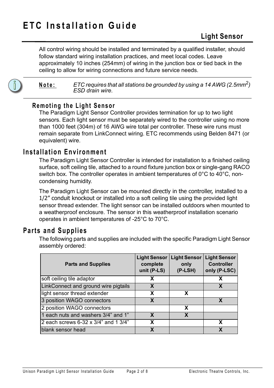 Remoting the light sensor, Installation environment, Parts and supplies | Light sensor | ETC Unison Paradigm Light Sensor User Manual | Page 2 / 8