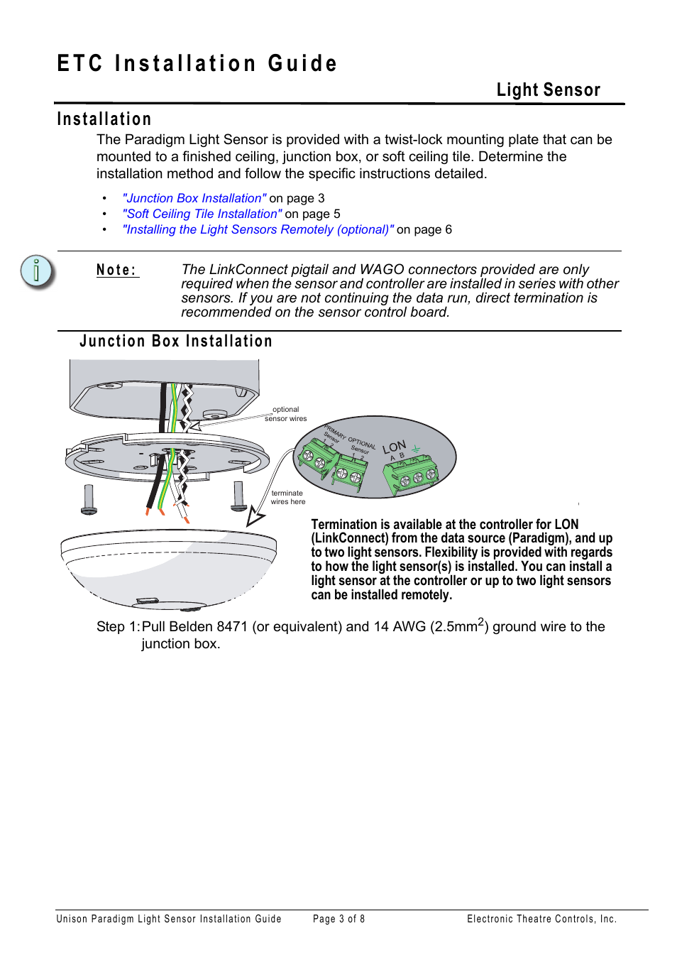 Installation, Junction box installation, Light sensor | ETC Unison Paradigm Light Sensor User Manual | Page 3 / 8