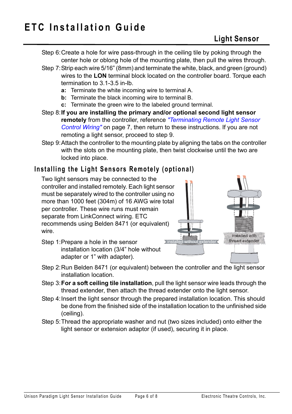 Installing the light sensors remotely (optional), Installing the light sensors remotely, Optional) | Er. see, Installing the light sensors, Remotely (optional), Light sensor | ETC Unison Paradigm Light Sensor User Manual | Page 6 / 8