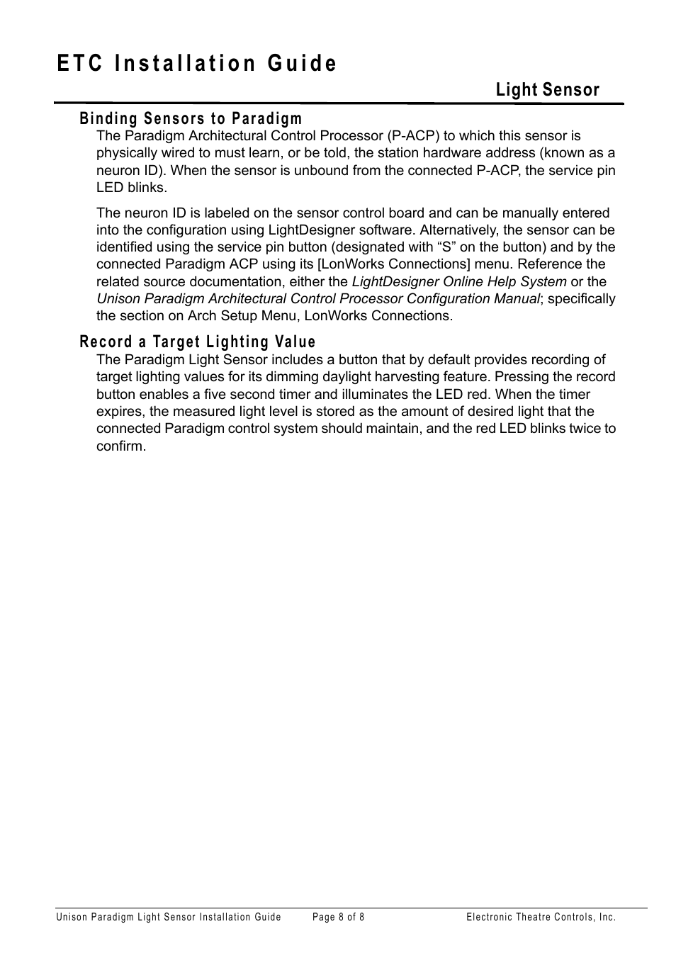 Binding sensors to paradigm, Record a target lighting value, Light sensor | ETC Unison Paradigm Light Sensor User Manual | Page 8 / 8