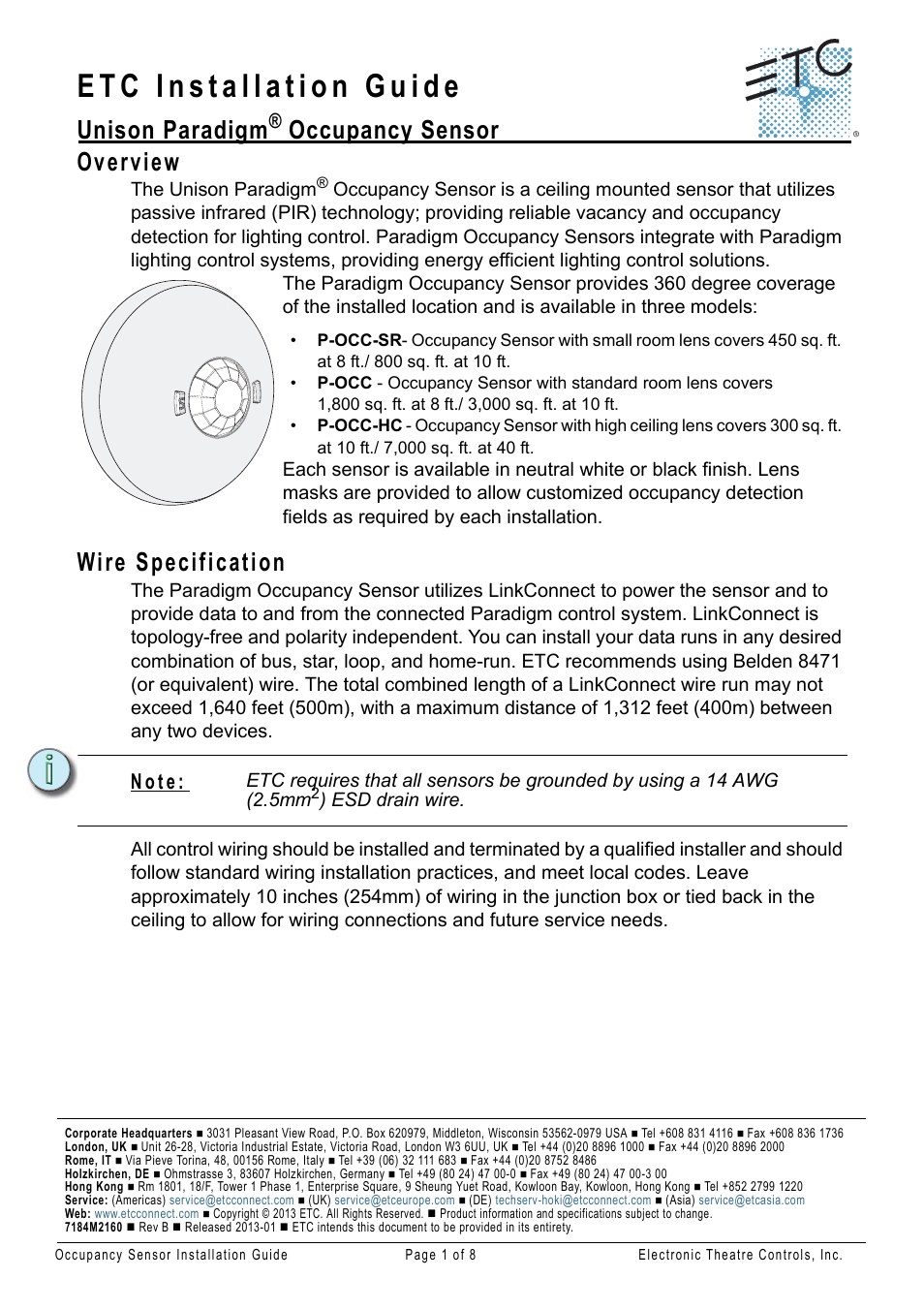 ETC Unison Paradigm Occupancy Sensor User Manual | 8 pages