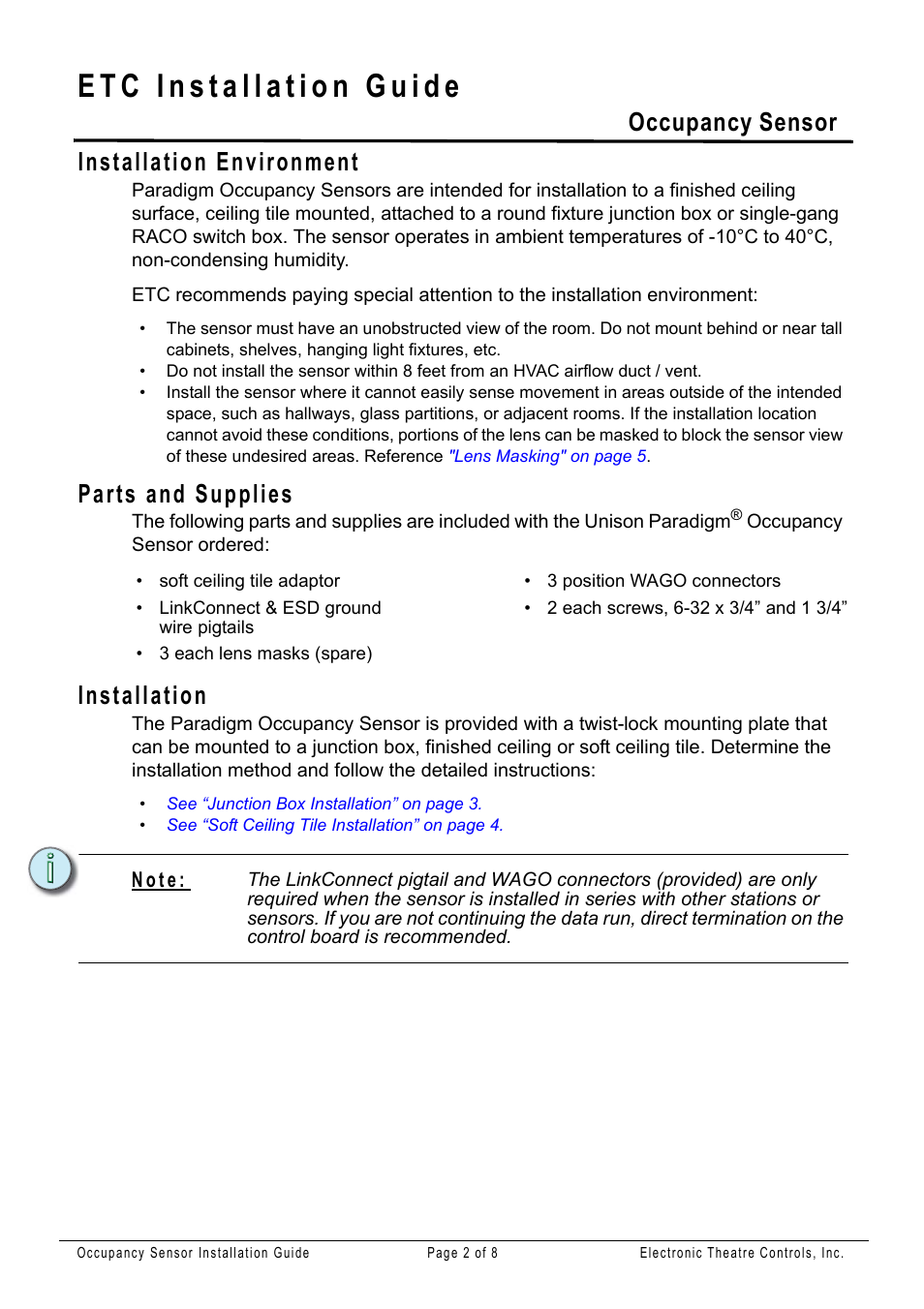 Installation environment, Parts and supplies, Installation | Occupancy sensor | ETC Unison Paradigm Occupancy Sensor User Manual | Page 2 / 8