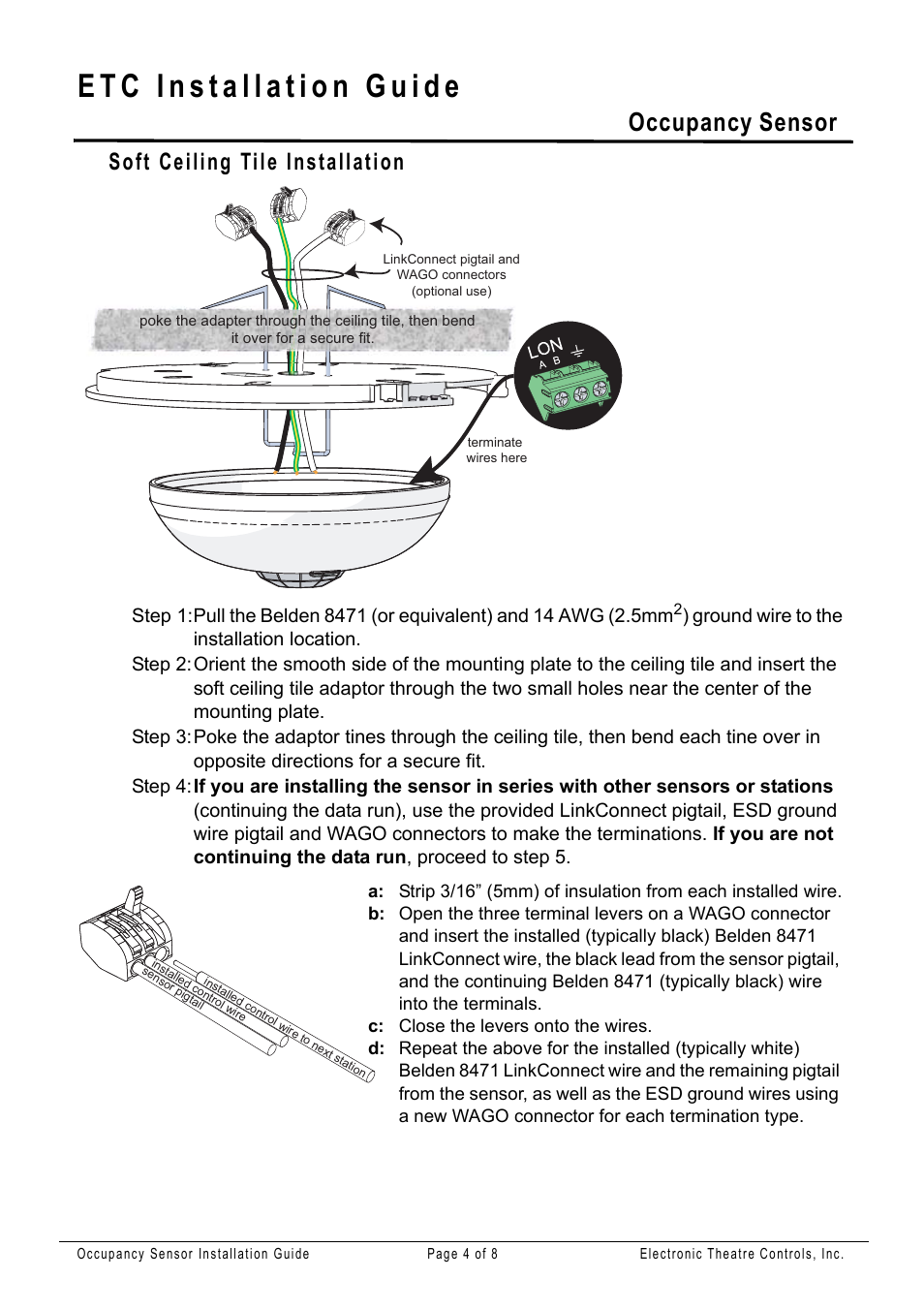 Soft ceiling tile installation, Occupancy sensor | ETC Unison Paradigm Occupancy Sensor User Manual | Page 4 / 8