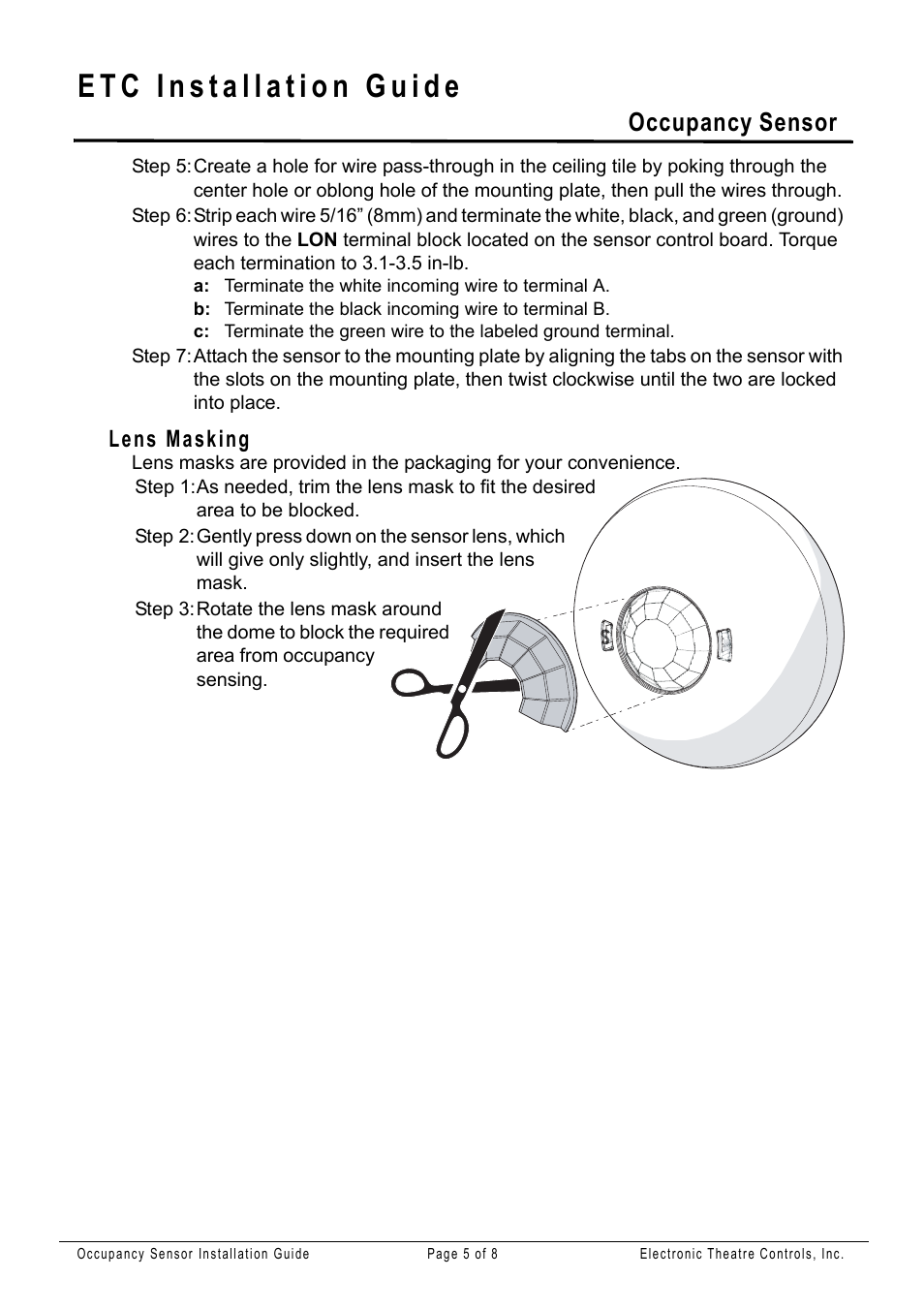 Lens masking, Occupancy sensor | ETC Unison Paradigm Occupancy Sensor User Manual | Page 5 / 8