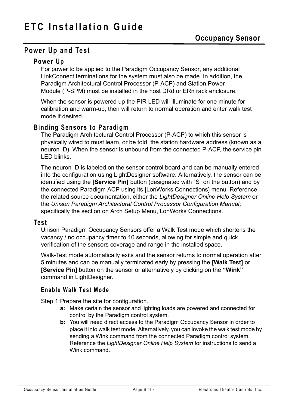 Power up and test, Power up, Binding sensors to paradigm | Test, Enable walk test mode, Occupancy sensor | ETC Unison Paradigm Occupancy Sensor User Manual | Page 6 / 8