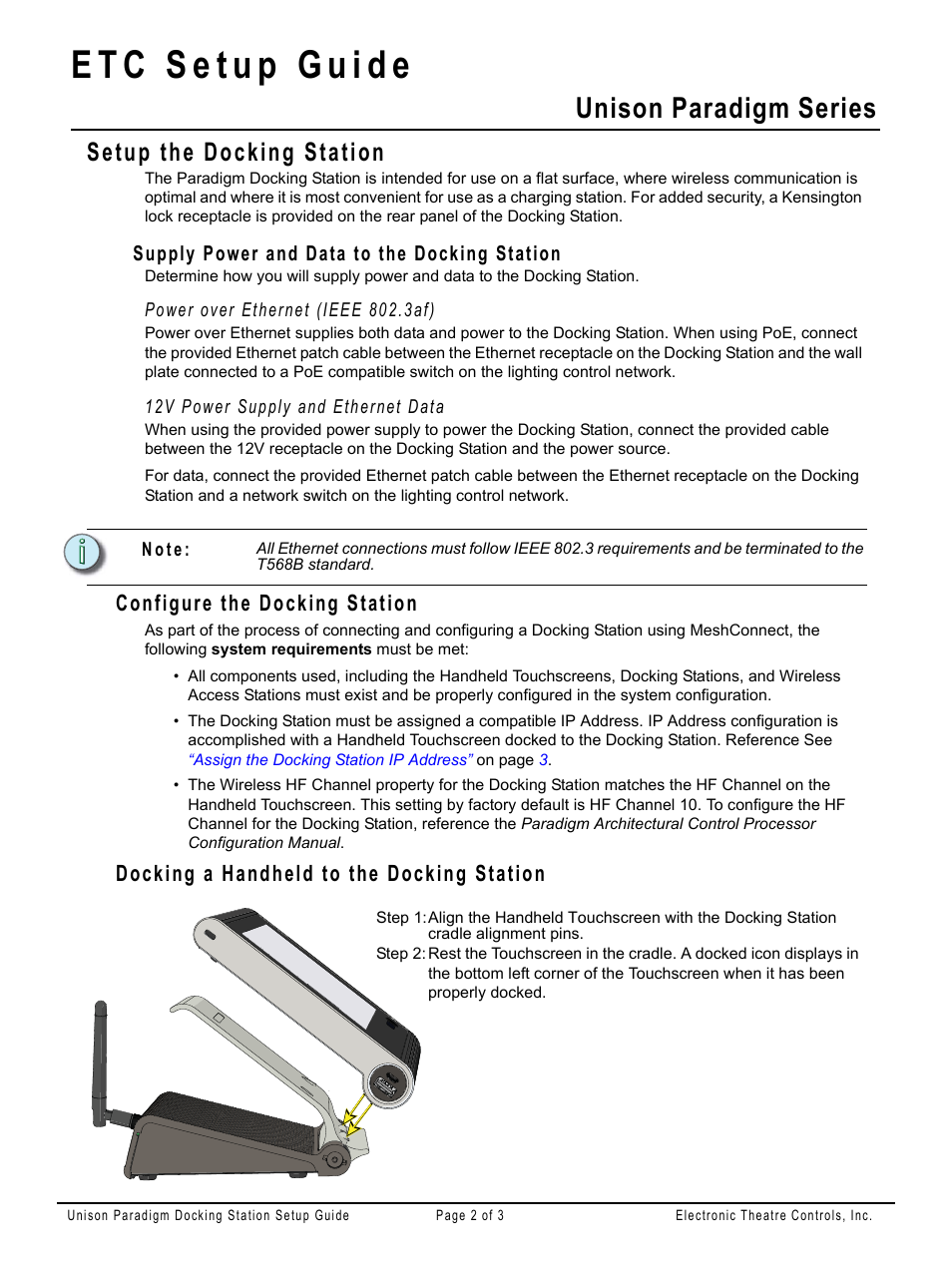 Setup the docking station, Supply power and data to the docking station, Configure the docking station | Docking a handheld to the docking station, Unison paradigm series | ETC Unison Paradigm Handheld Docking Station User Manual | Page 2 / 3