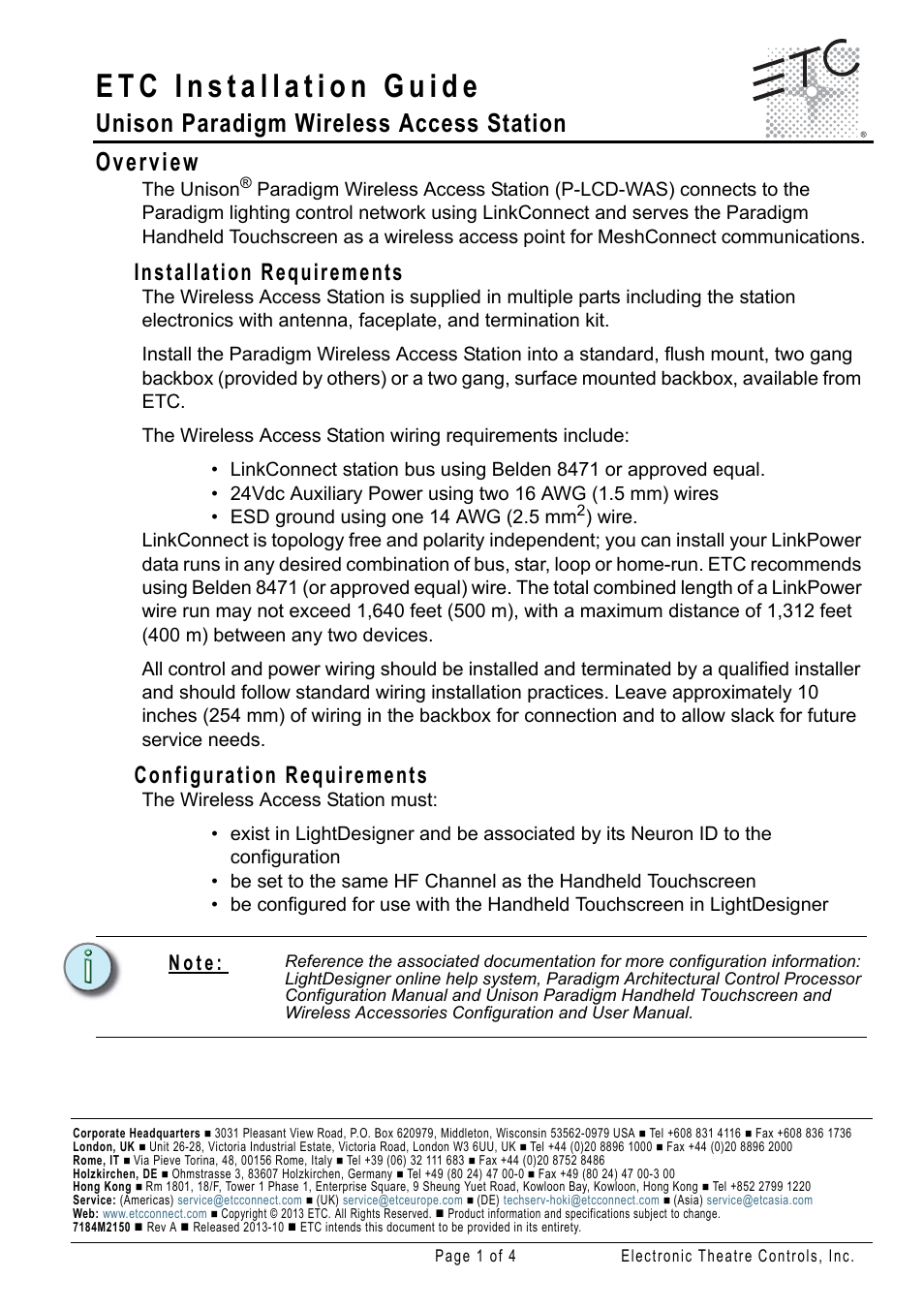 ETC Unison Paradigm Wireless Access Station User Manual | 4 pages