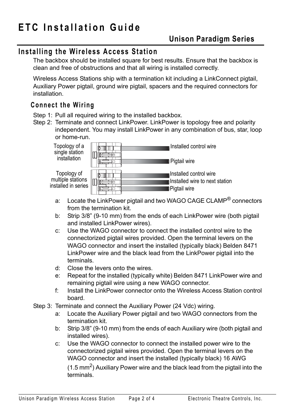 Installing the wireless access station, Connect the wiring, Unison paradigm series | ETC Unison Paradigm Wireless Access Station User Manual | Page 2 / 4