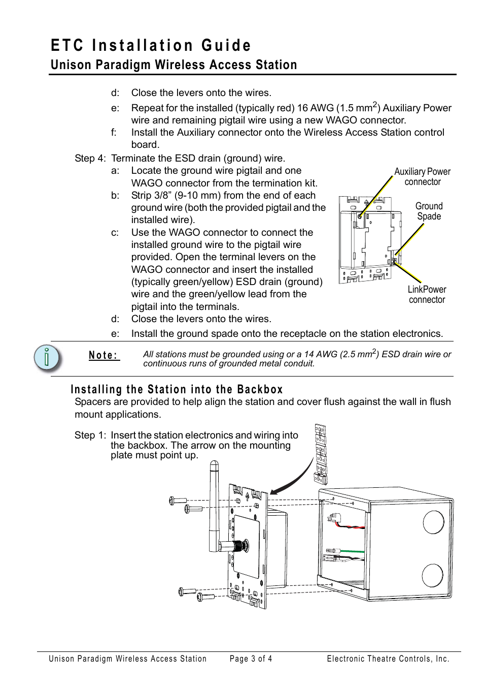 Installing the station into the backbox, Unison paradigm wireless access station | ETC Unison Paradigm Wireless Access Station User Manual | Page 3 / 4