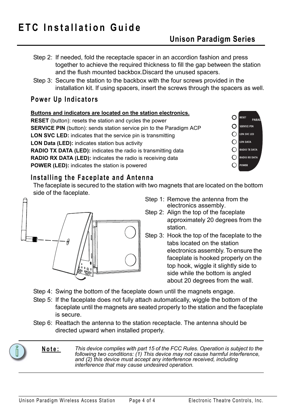 Power up indicators, Installing the faceplate and antenna, Unison paradigm series | ETC Unison Paradigm Wireless Access Station User Manual | Page 4 / 4