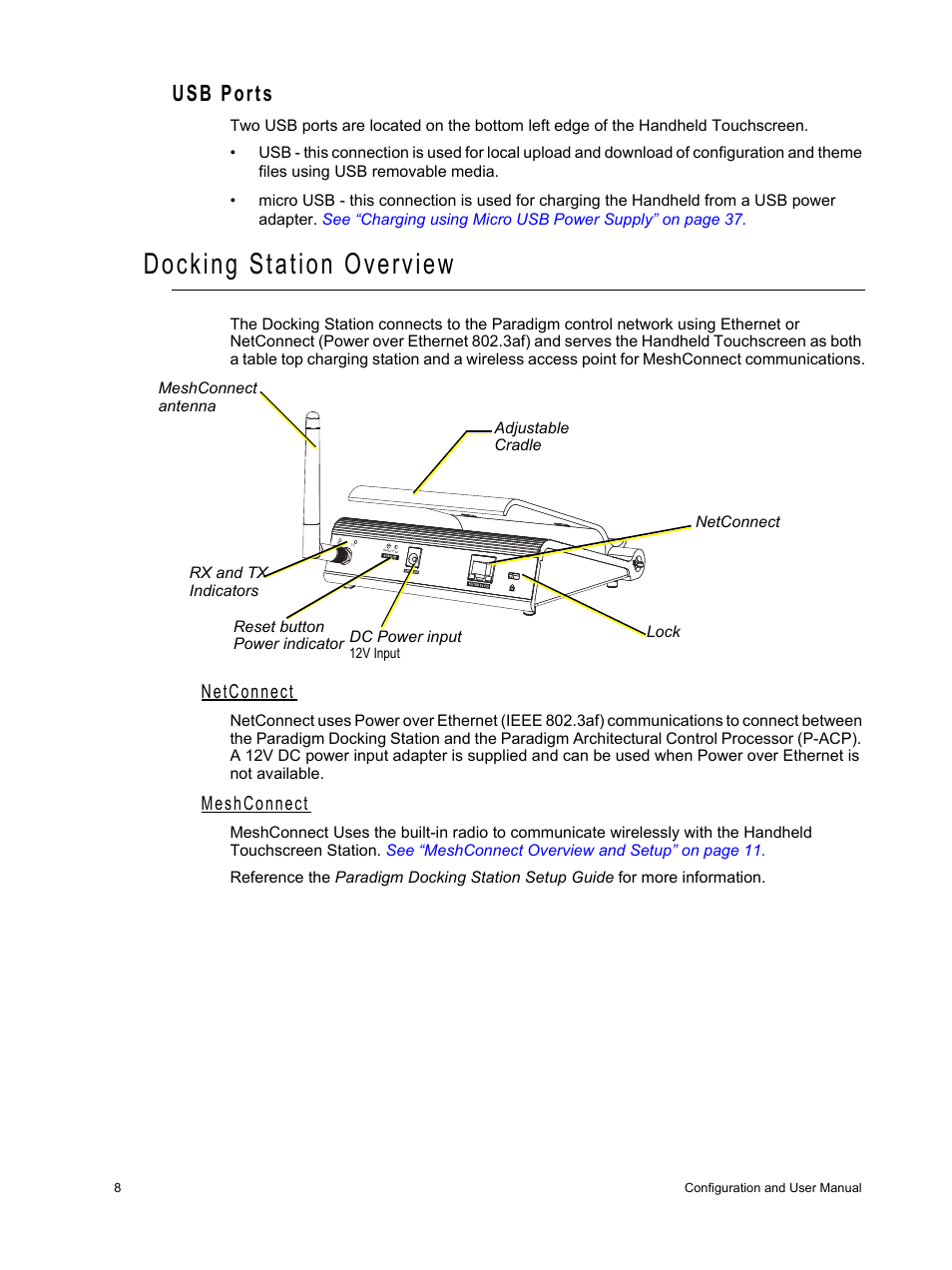 Usb ports, Docking station overview, Netconnect | Meshconnect | ETC Unison Paradigm Handheld Touchscreen and Wireless Accessories User Manual | Page 12 / 44