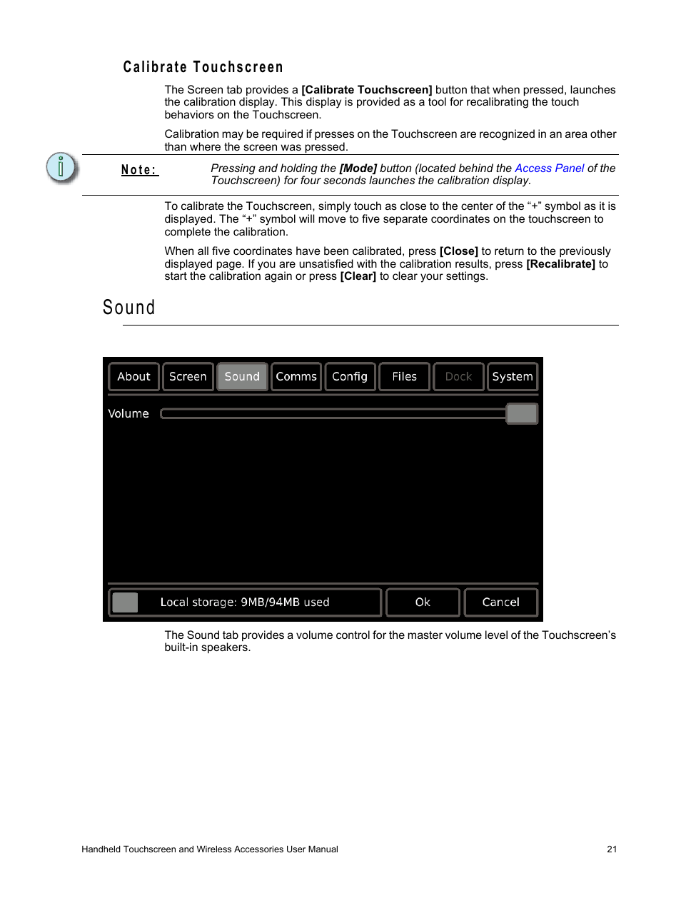 Calibrate touchscreen, Sound | ETC Unison Paradigm Handheld Touchscreen and Wireless Accessories User Manual | Page 25 / 44