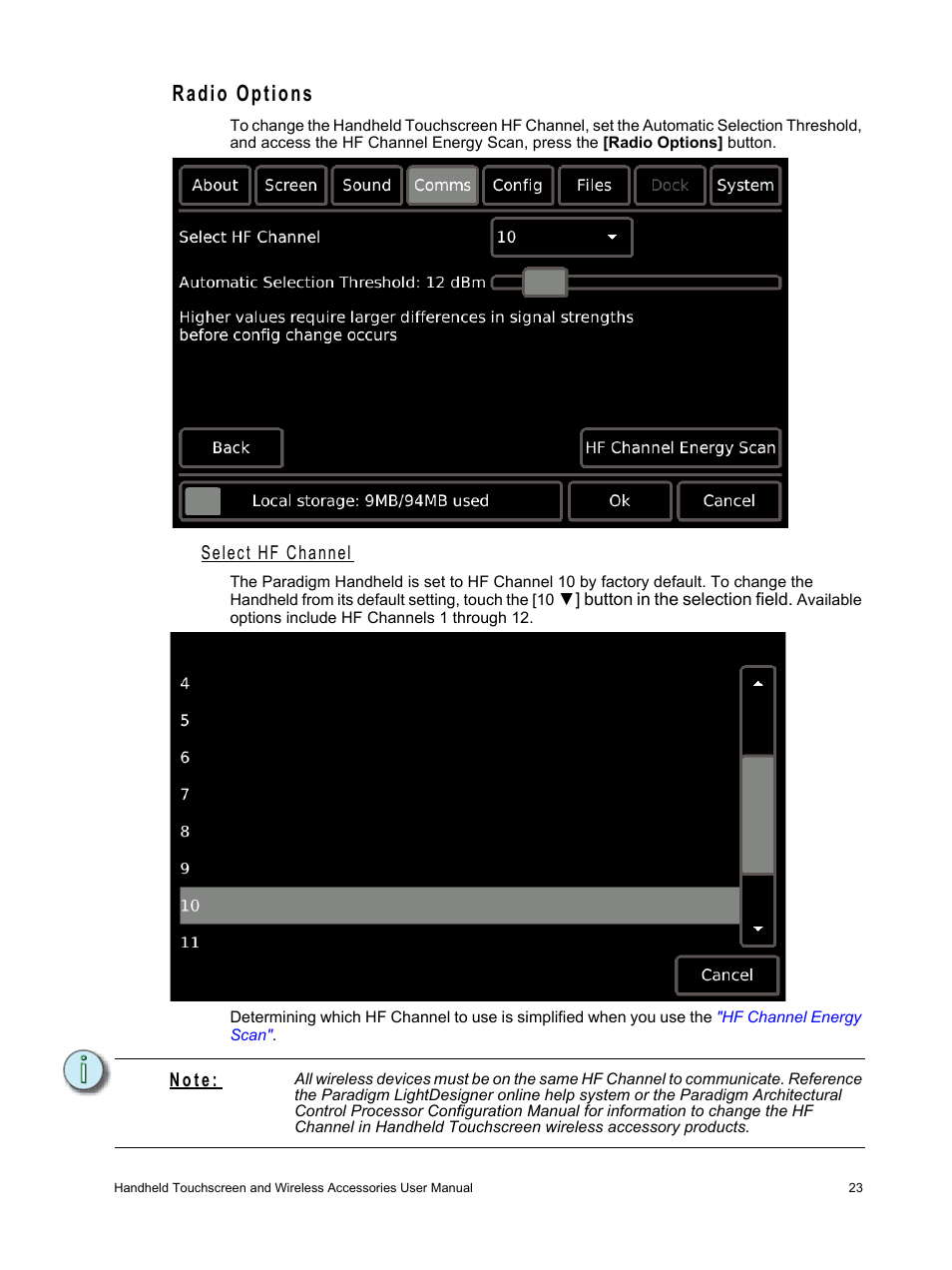 Radio options, Select hf channel | ETC Unison Paradigm Handheld Touchscreen and Wireless Accessories User Manual | Page 27 / 44