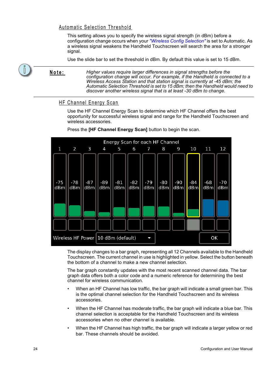 Automatic selection threshold, Hf channel energy scan, N o t e | ETC Unison Paradigm Handheld Touchscreen and Wireless Accessories User Manual | Page 28 / 44