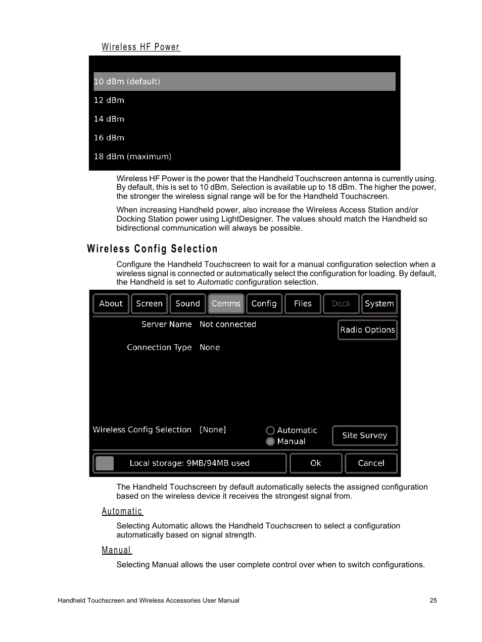 Wireless hf power, Wireless config selection, Automatic | Manual, Wireless config, Settin | ETC Unison Paradigm Handheld Touchscreen and Wireless Accessories User Manual | Page 29 / 44