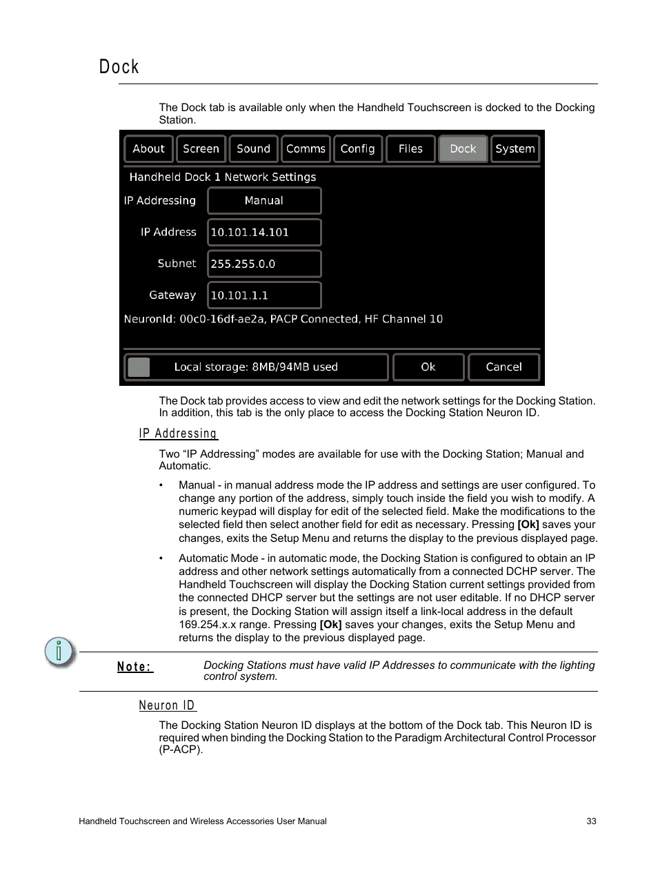 Dock, Ip addressing, Neuron id | N on | ETC Unison Paradigm Handheld Touchscreen and Wireless Accessories User Manual | Page 37 / 44
