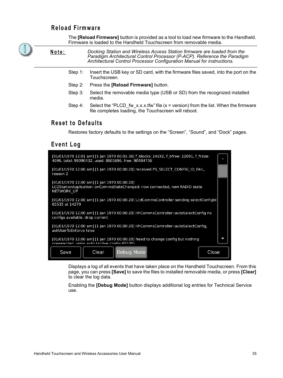 Reload firmware, Reset to defaults, Event log | Reload firmware reset to defaults event log | ETC Unison Paradigm Handheld Touchscreen and Wireless Accessories User Manual | Page 39 / 44