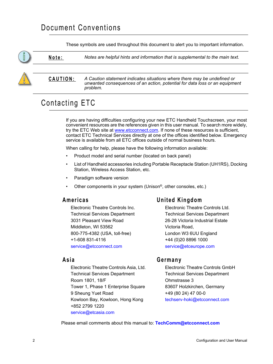 Document conventions, Contacting etc, Americas united kingdom | Asia germany | ETC Unison Paradigm Handheld Touchscreen and Wireless Accessories User Manual | Page 6 / 44