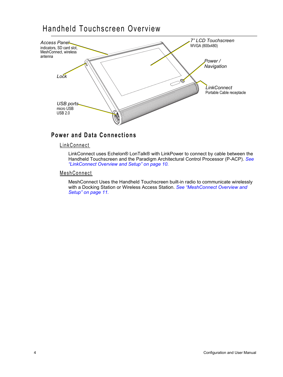 Handheld touchscreen overview, Power and data connections, Linkconnect | Meshconnect | ETC Unison Paradigm Handheld Touchscreen and Wireless Accessories User Manual | Page 8 / 44