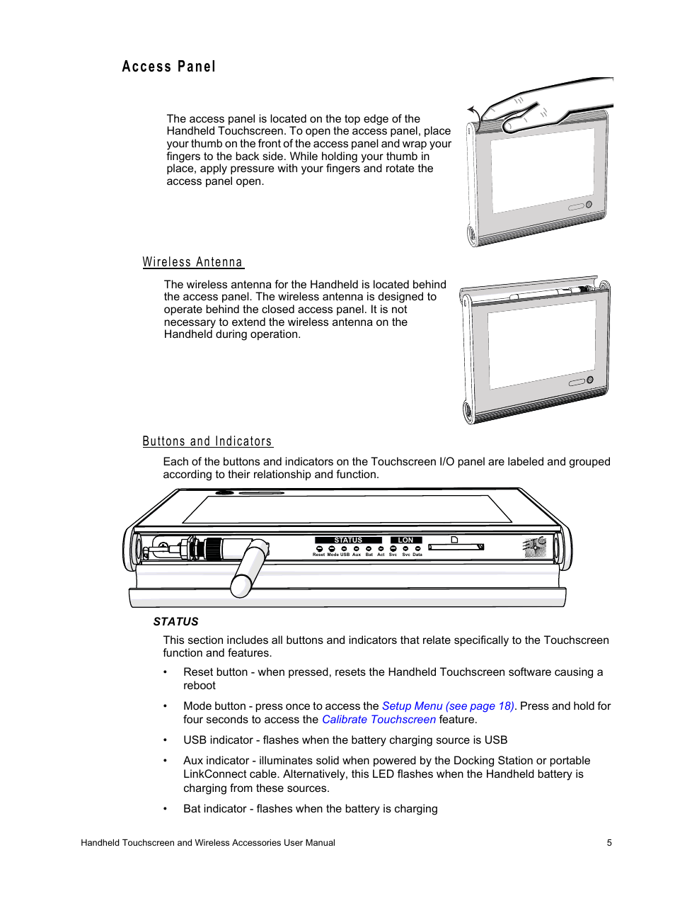 Access panel, Wireless antenna, Buttons and indicators | Status, Wireless antenna buttons and indicators | ETC Unison Paradigm Handheld Touchscreen and Wireless Accessories User Manual | Page 9 / 44