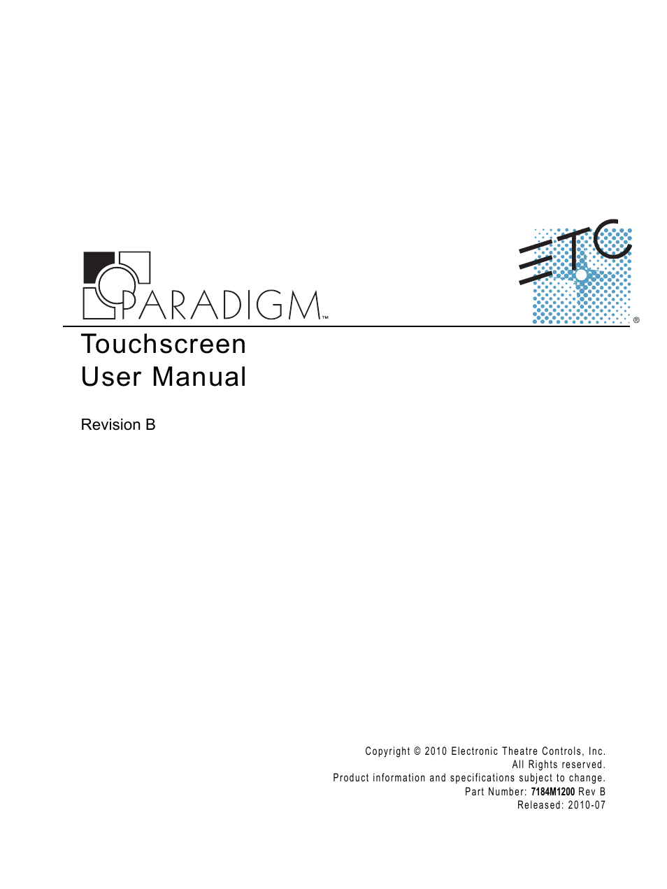 ETC Unison Paradigm Touchscreen User Manual | 24 pages