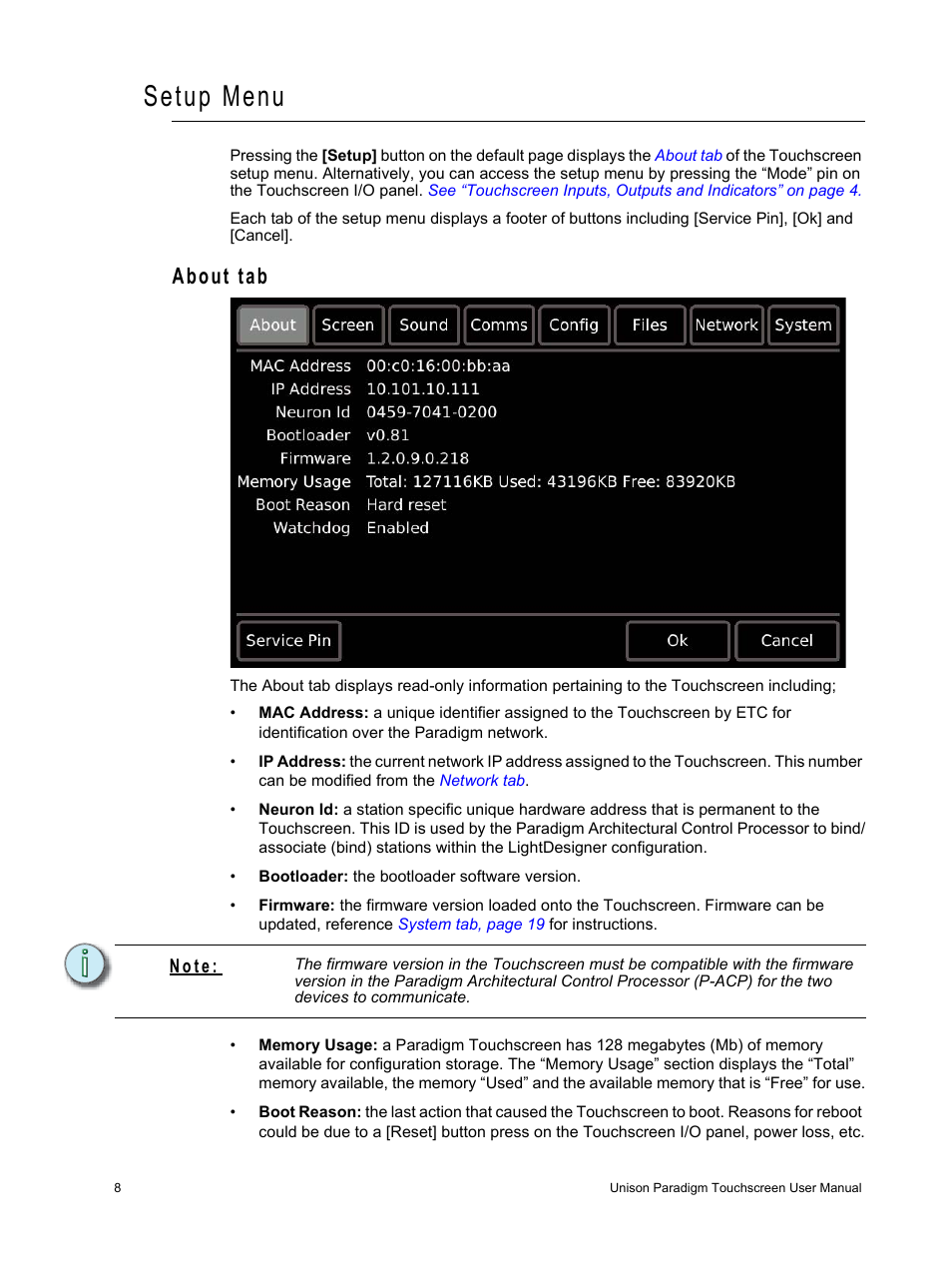 Setup menu, About tab, N o t e | ETC Unison Paradigm Touchscreen User Manual | Page 10 / 24