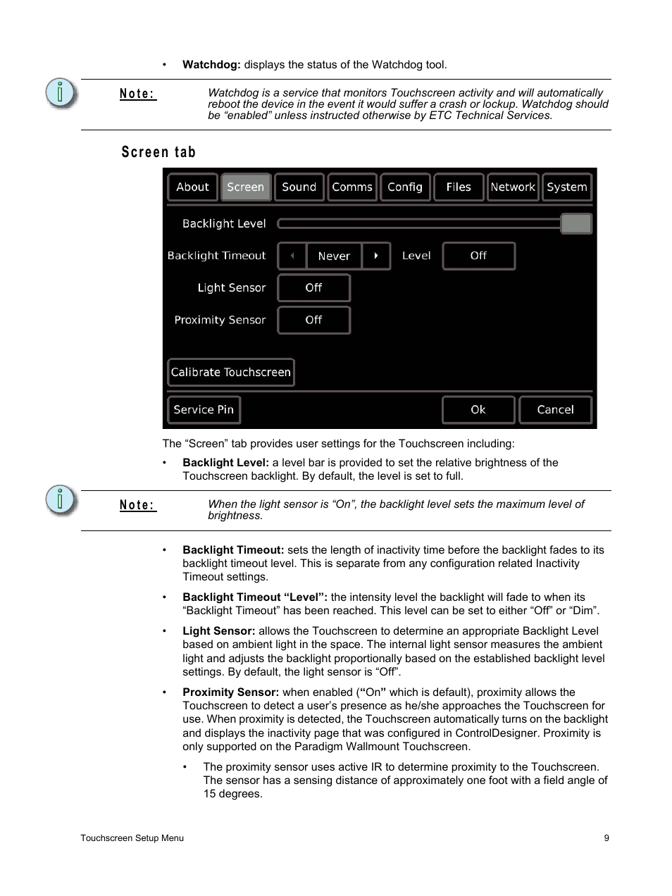 Screen tab, N o t e | ETC Unison Paradigm Touchscreen User Manual | Page 11 / 24