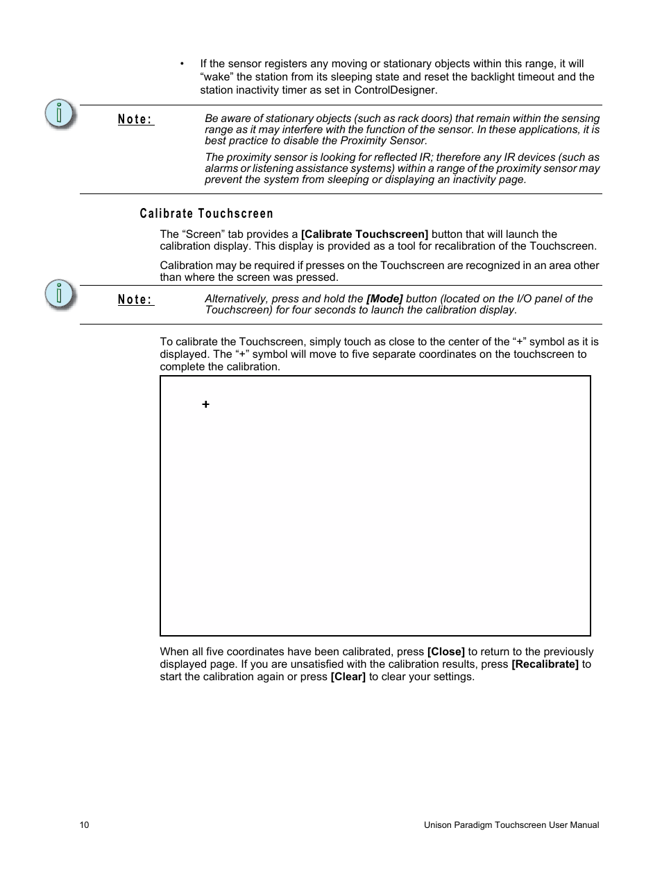 Calibrate touchscreen, N o t e | ETC Unison Paradigm Touchscreen User Manual | Page 12 / 24