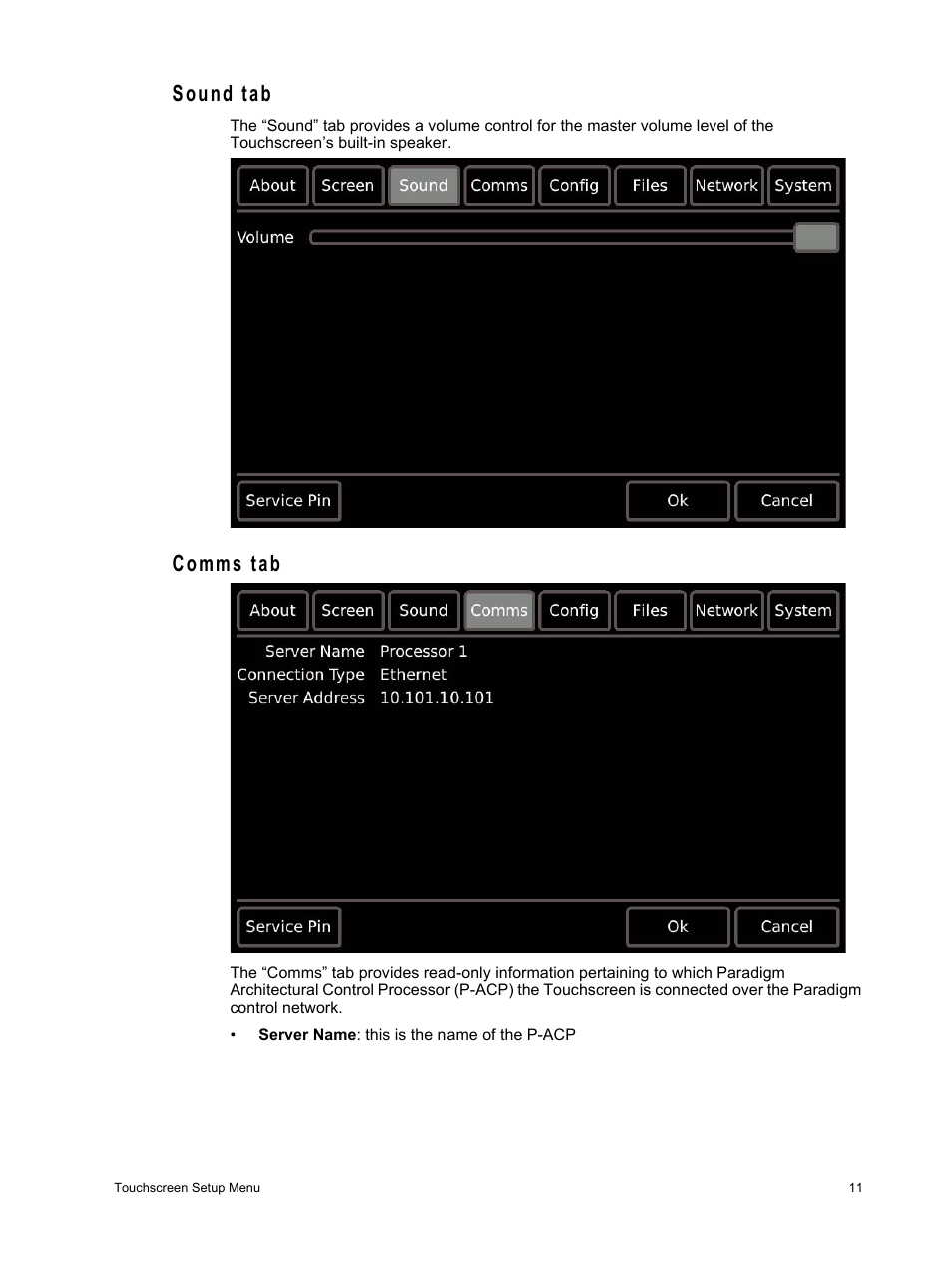 Sound tab, Comms tab, Sound tab comms tab | ETC Unison Paradigm Touchscreen User Manual | Page 13 / 24