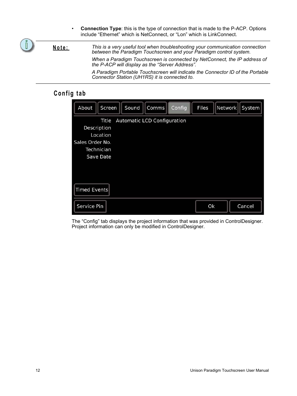 Config tab, N o t e | ETC Unison Paradigm Touchscreen User Manual | Page 14 / 24