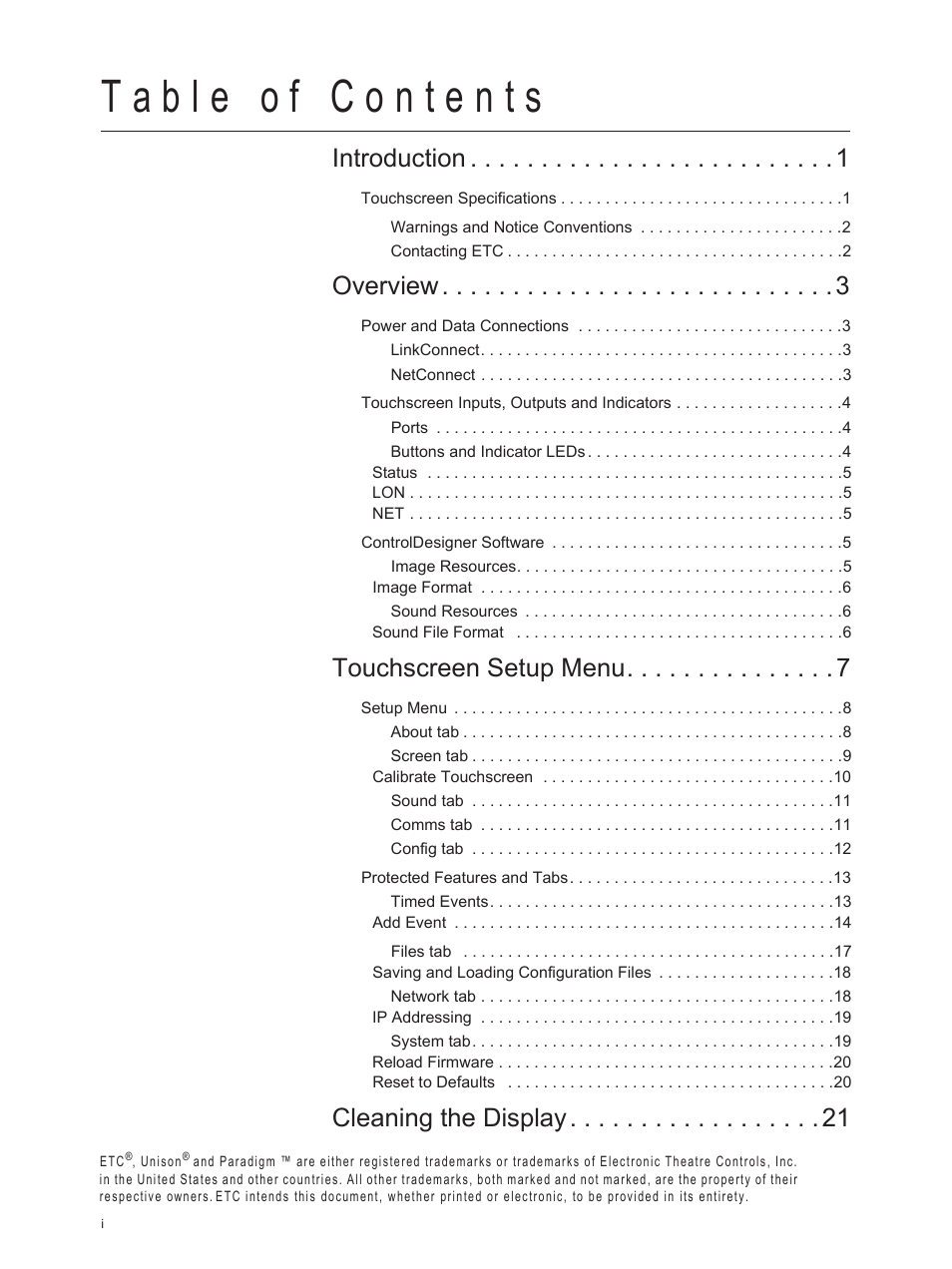 Introduction, Overview, Touchscreen setup menu | Cleaning the display | ETC Unison Paradigm Touchscreen User Manual | Page 2 / 24