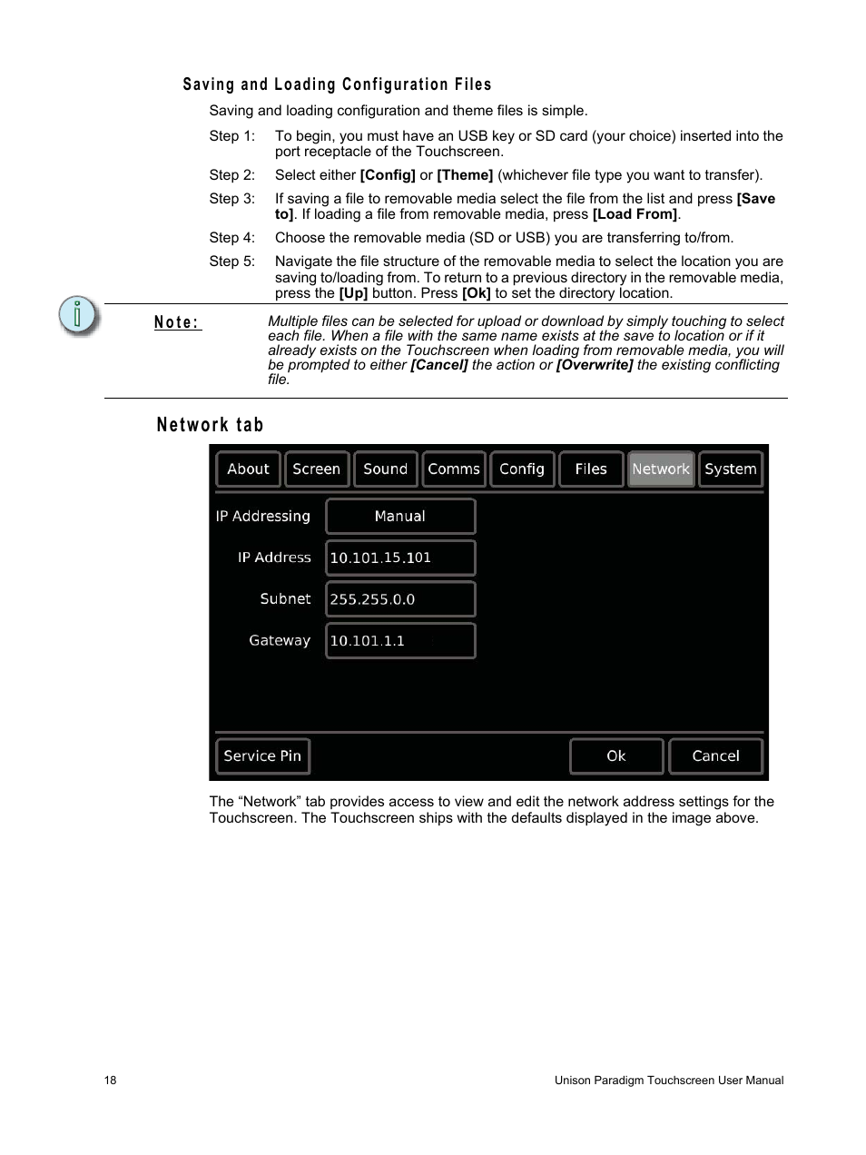 Saving and loading configuration files, Network tab, N o t e | ETC Unison Paradigm Touchscreen User Manual | Page 20 / 24