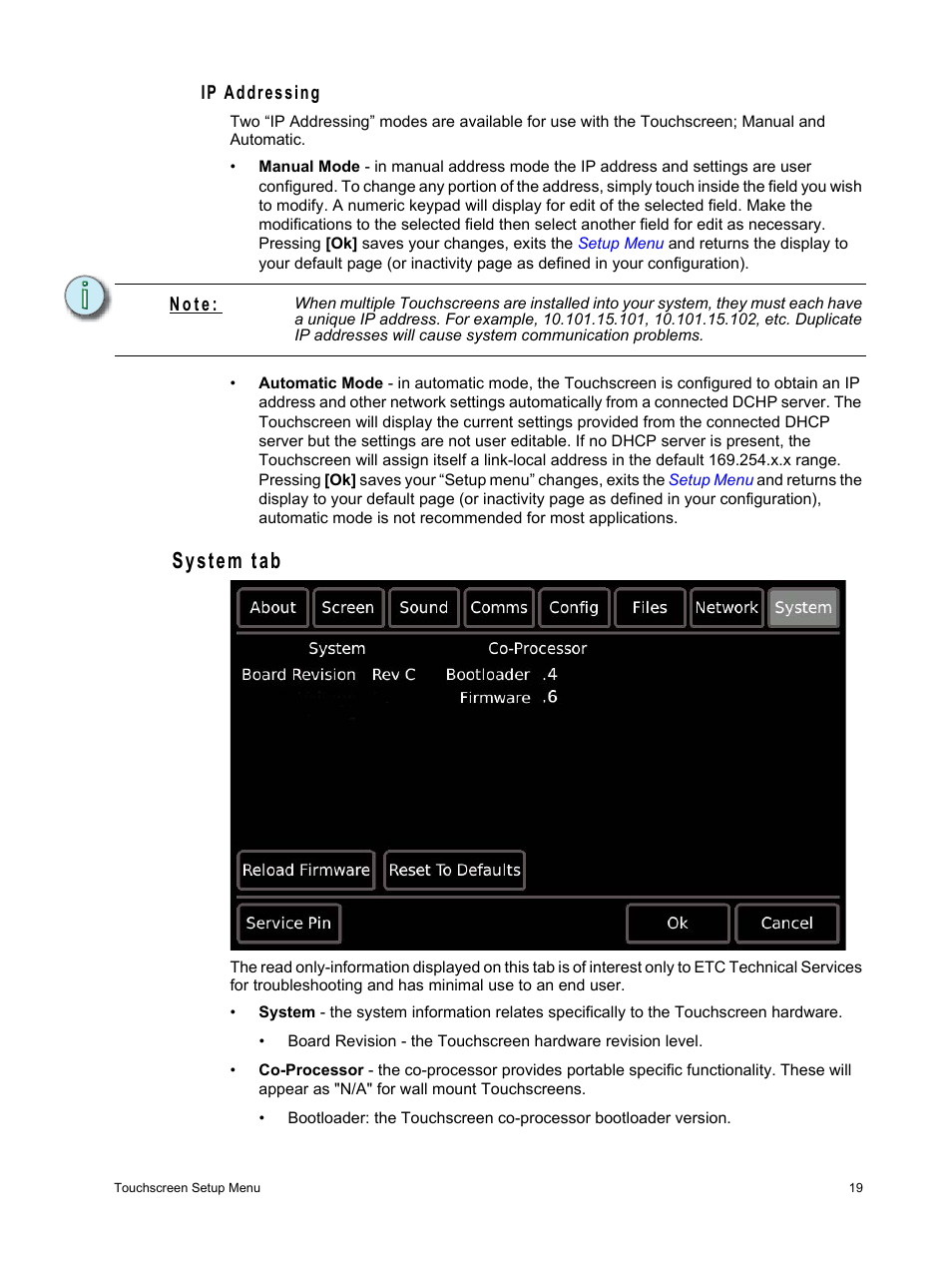 Ip addressing, System tab, N o t e | ETC Unison Paradigm Touchscreen User Manual | Page 21 / 24