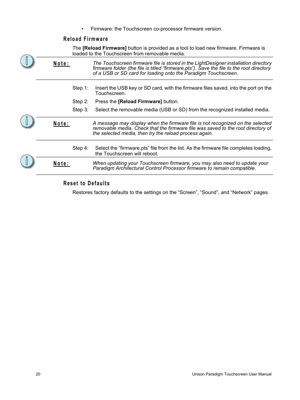 Reload firmware, Reset to defaults, N o t e | ETC Unison Paradigm Touchscreen User Manual | Page 22 / 24