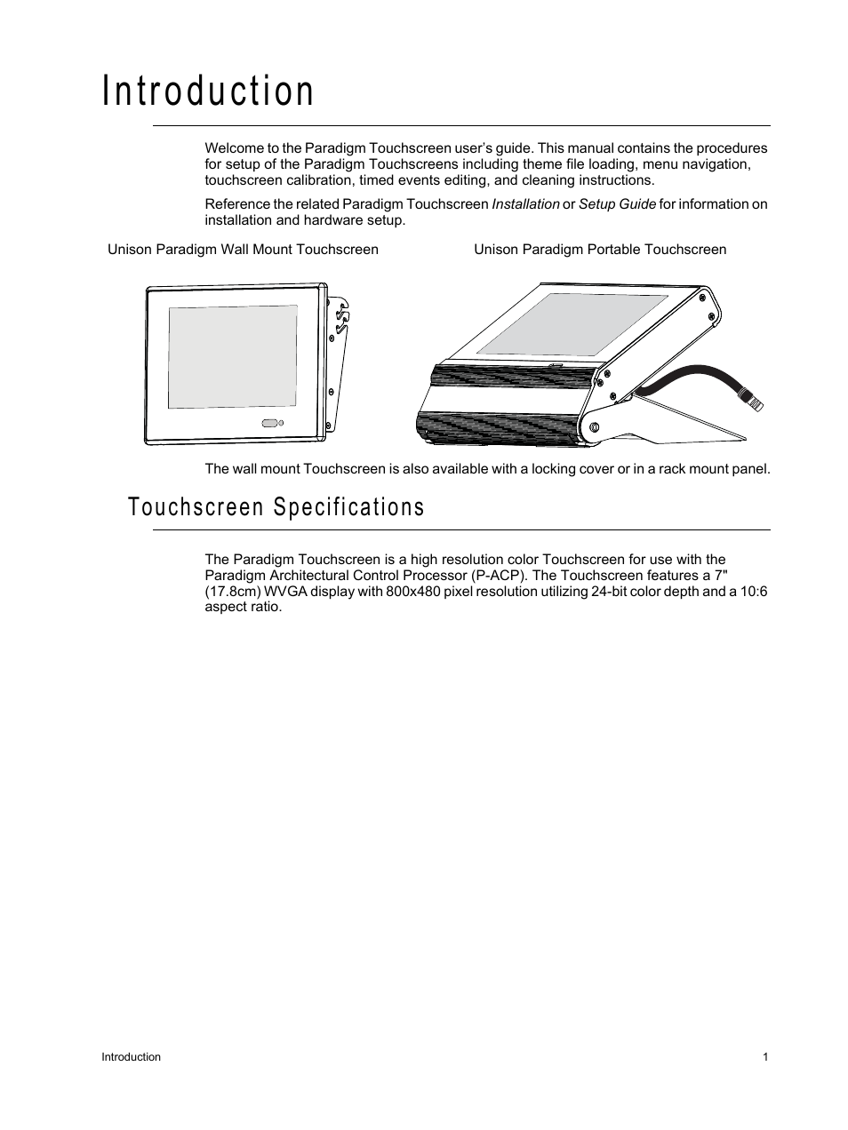 Introduction, Touchscreen specifications | ETC Unison Paradigm Touchscreen User Manual | Page 3 / 24