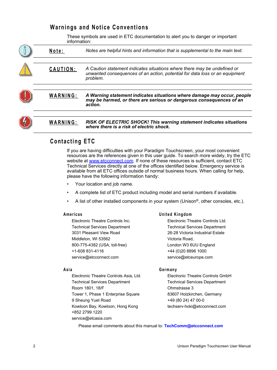 Warnings and notice conventions, Contacting etc, Warnings and notice conventions contacting etc | N o t e | ETC Unison Paradigm Touchscreen User Manual | Page 4 / 24