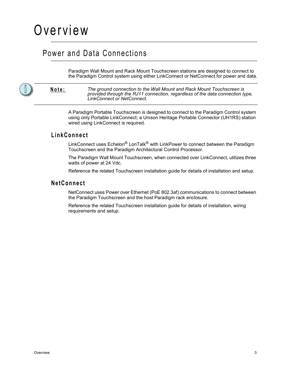 Overview, Power and data connections, Linkconnect | Netconnect, Linkconnect netconnect | ETC Unison Paradigm Touchscreen User Manual | Page 5 / 24