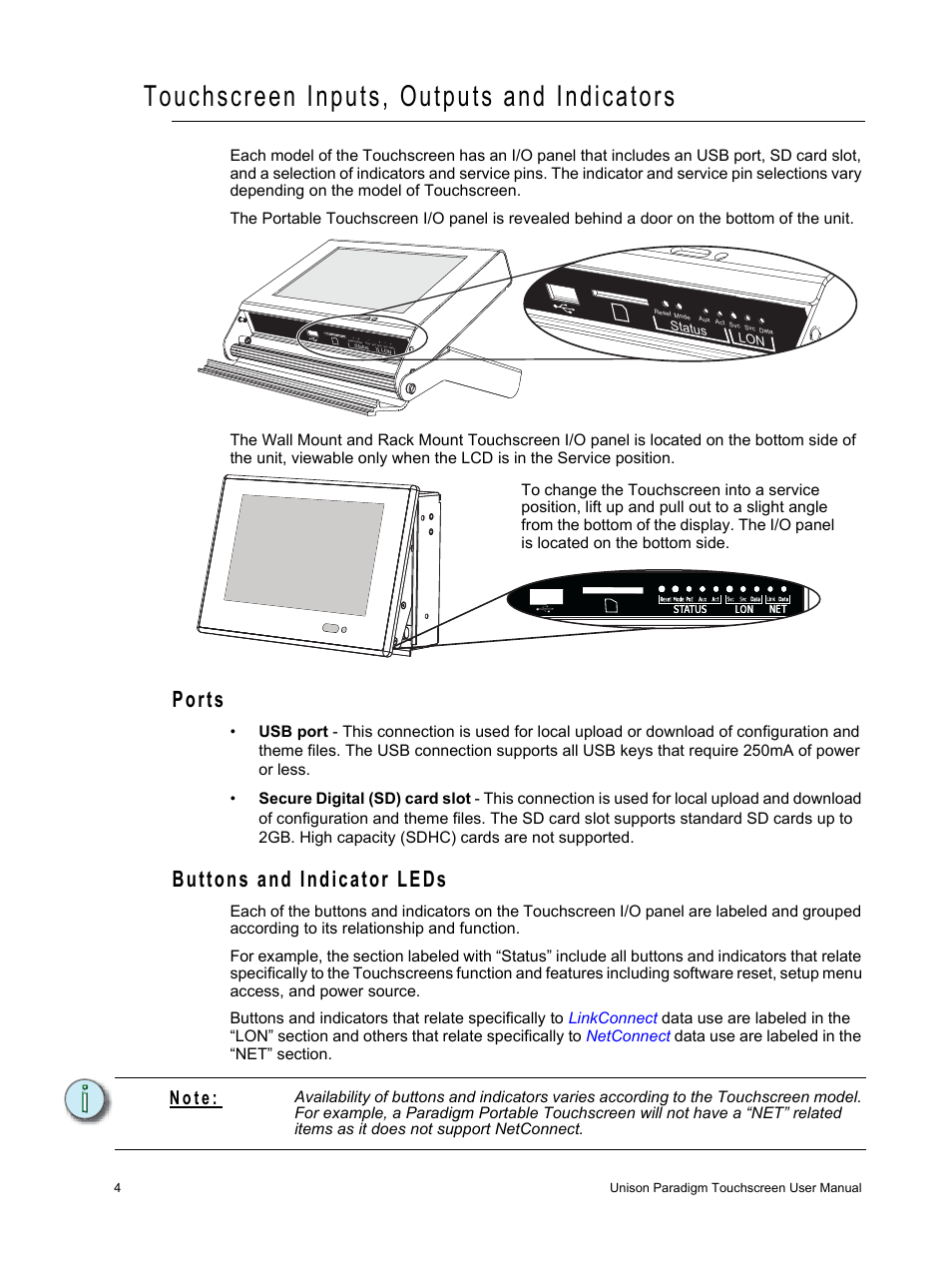 Touchscreen inputs, outputs and indicators, Ports, Buttons and indicator leds | Ports buttons and indicator leds, N o t e | ETC Unison Paradigm Touchscreen User Manual | Page 6 / 24