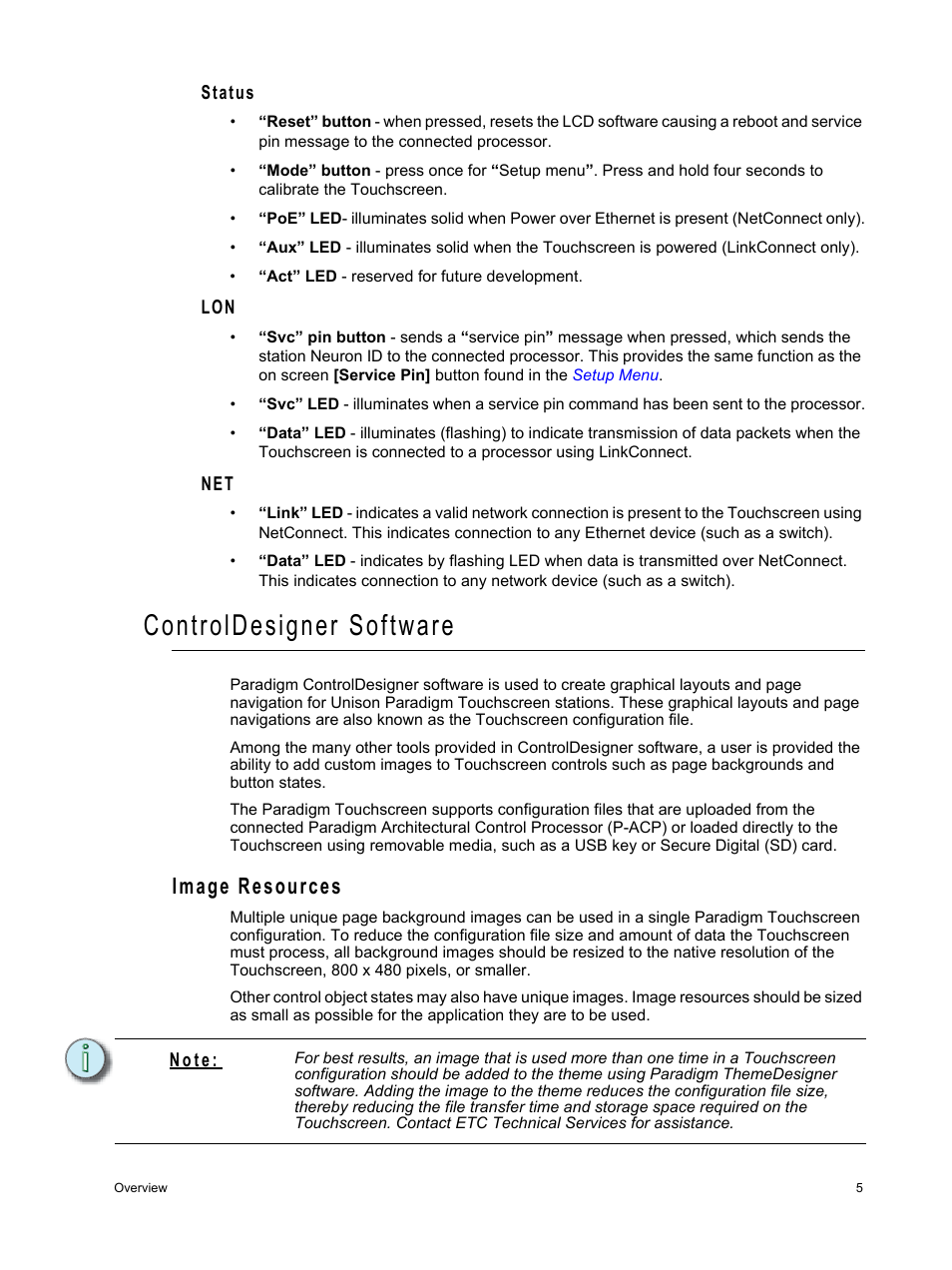 Status, Controldesigner software, Image resources | ETC Unison Paradigm Touchscreen User Manual | Page 7 / 24