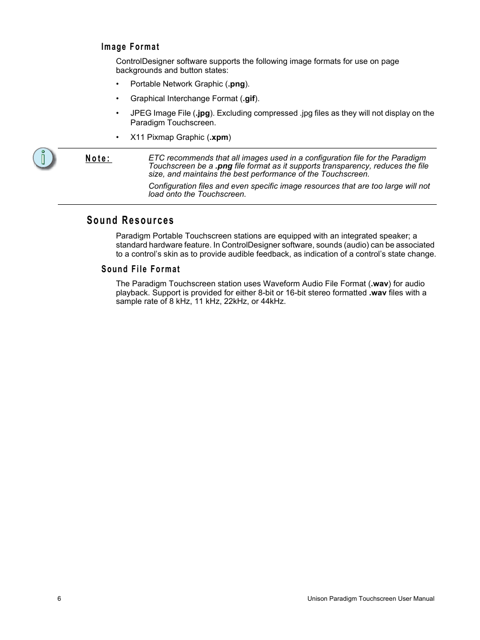 Image format, Sound resources, Sound file format | N o t e | ETC Unison Paradigm Touchscreen User Manual | Page 8 / 24