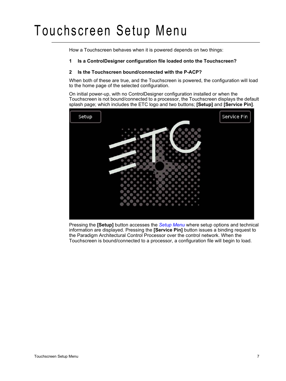 Touchscreen setup menu | ETC Unison Paradigm Touchscreen User Manual | Page 9 / 24